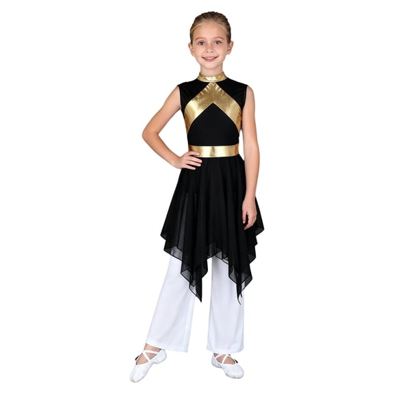 TSSOE Girls Church Worship Dance Outfits Metallic Sleeveless Irregular Dress with Solid Color Pants Set for Praise Dance Black White 8