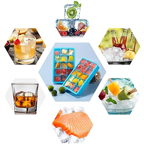 2 Pack Silicone Ice Cube Trays with Easy Release, Flexible Freezer Molds for 15 Cubes, Reusable BPA-Free for Cocktails and Whiskey