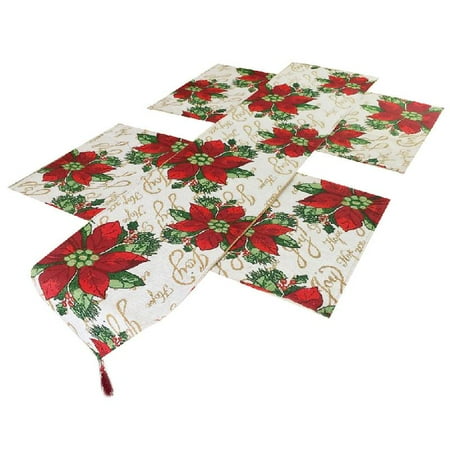 

Placemats Table Runner Set Jacquard Weave Red Flower Pattern with Tassel Table Decor for Christmas Holiday Night Dinner Parties Thanksgiving Day Home Kitchen Hotel Use Set of 5