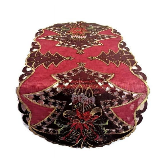 Doily Boutique Table Runner with Red Christmas Tree on Sheer Fabric Size 44 x 15 inches