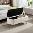 thumbnail image 3 of Comfort Stretch 39" Length Storage Ottoman Bench for Living Room,White Faux Fur Bedroom Bench with Entryway Oval Storage Upholstered Fabric Footrest Stool Padded Seat with Gold Legs, 3 of 9