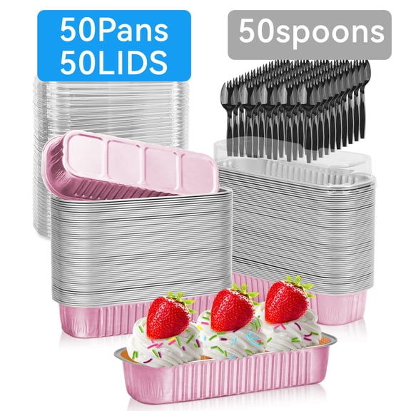 50 Pack Aluminum Mini Loaf Pans, Aluminum Foil Pans with Lid, 6.8oz Disposable Rectangle Baking Containers Muffin Baking Tins, Cake Pans with Lids Spoons - Pink