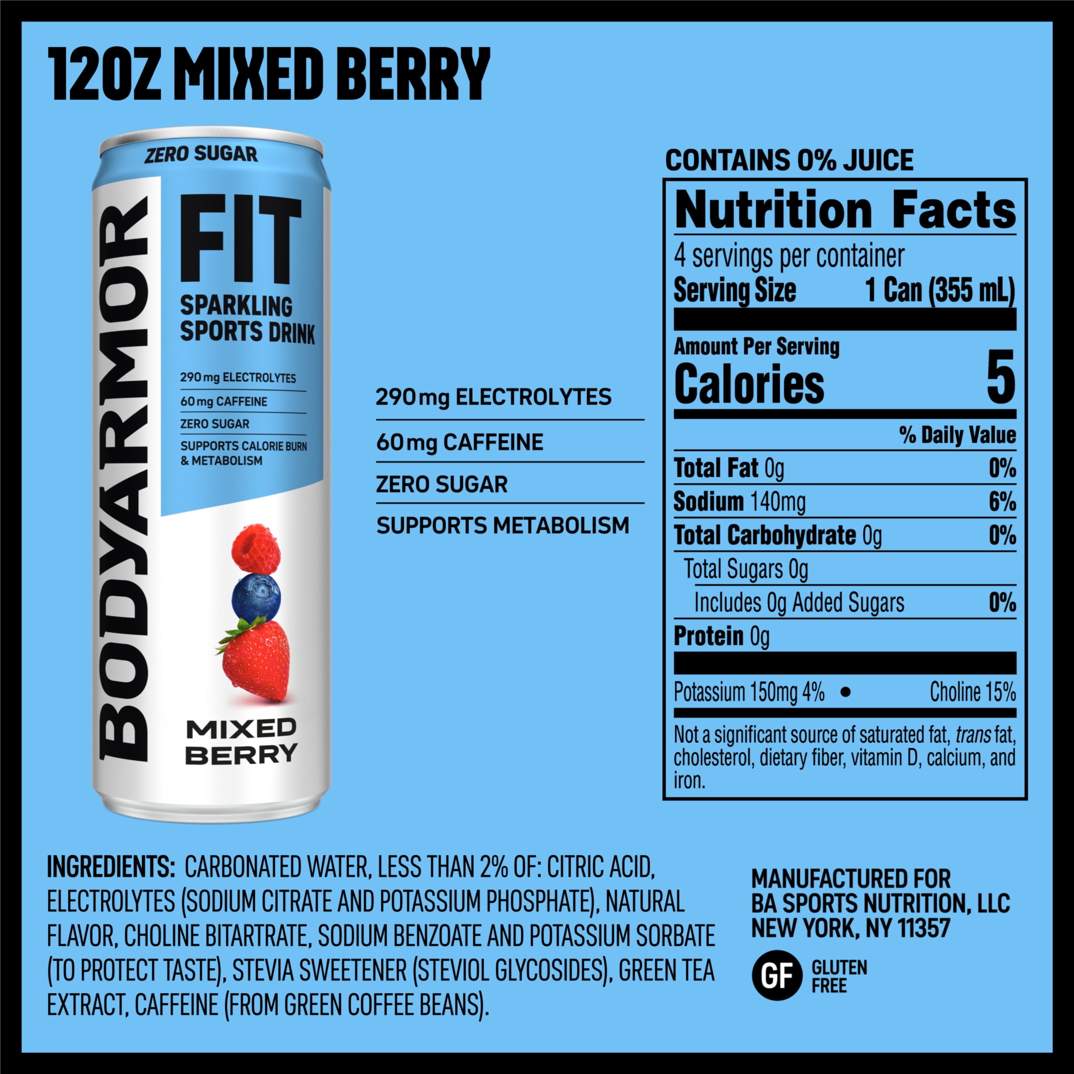 BODYARMOR FIT Zero Sugar Mixed Berry Sports Drink Cans, 12 fl oz, 4 Pack