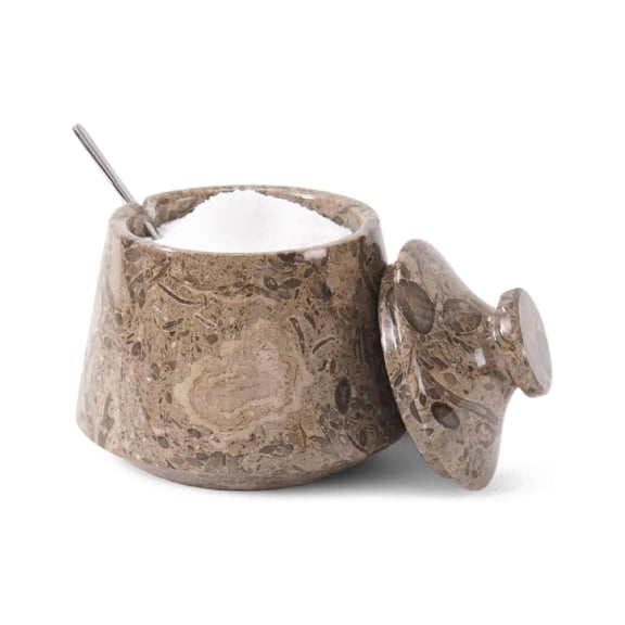 Elborse Marble Salt Cellar With Lid & Spoon Oceanic 4 inch Stone Salt Container - Seasoning Spice Jar Holder & Jewelry Storage - Salt Box For Kitchen Counter