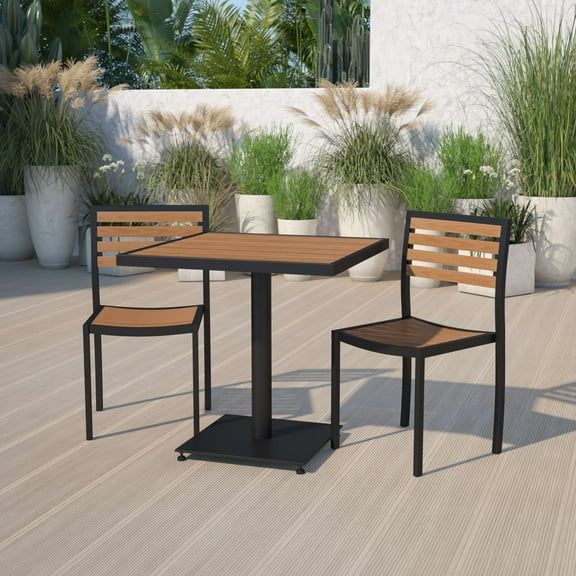Emma   Oliver Outdoor Patio Bistro Dining Table Set with 2 Chairs and Faux Teak Poly Slats