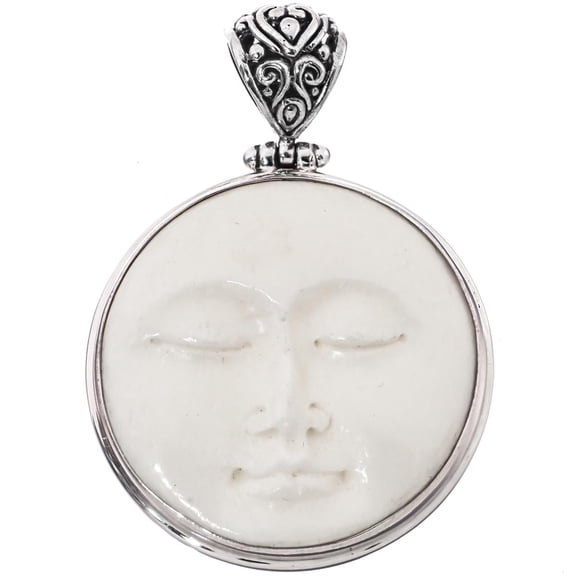 Carved Sun Moon Moonface Goddess Bison Bone 925 Sterling Silver Pendant, 1 3/4"