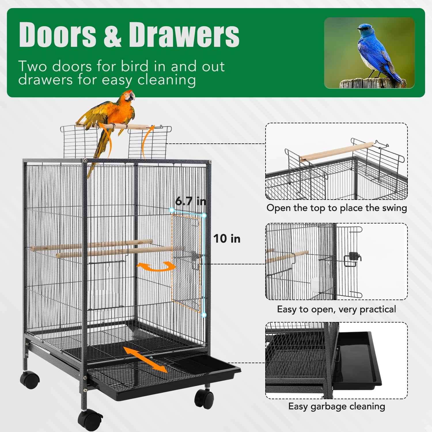 YRLLENSDAN 35in Bird Cage, Parrot Cage Wide Bird Cage with Play Open Top & Rolling Stand Parakeet Cage for Birds Parrots Parakeets