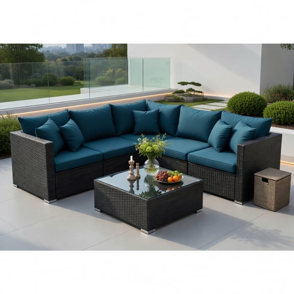 Resenkos 7-Piece PE Wicker Sectional Sofa Set with Tempered Glass Coffee Table – Peacock Blue, Includes Removable Cushions & Pillows for Patio, Garden, or Balcony