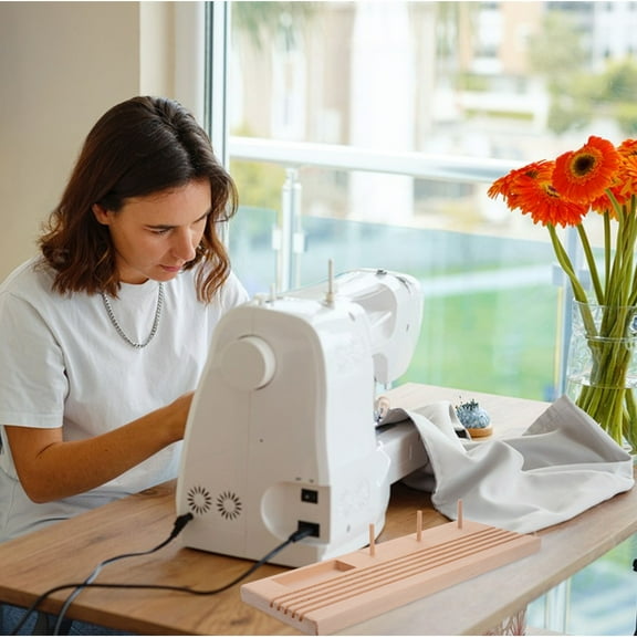 Raindrops Wooden Ruler Rack with Thread Spool Holder for Home Use Beige Multi Functional Desk Organizer 7.5 inches