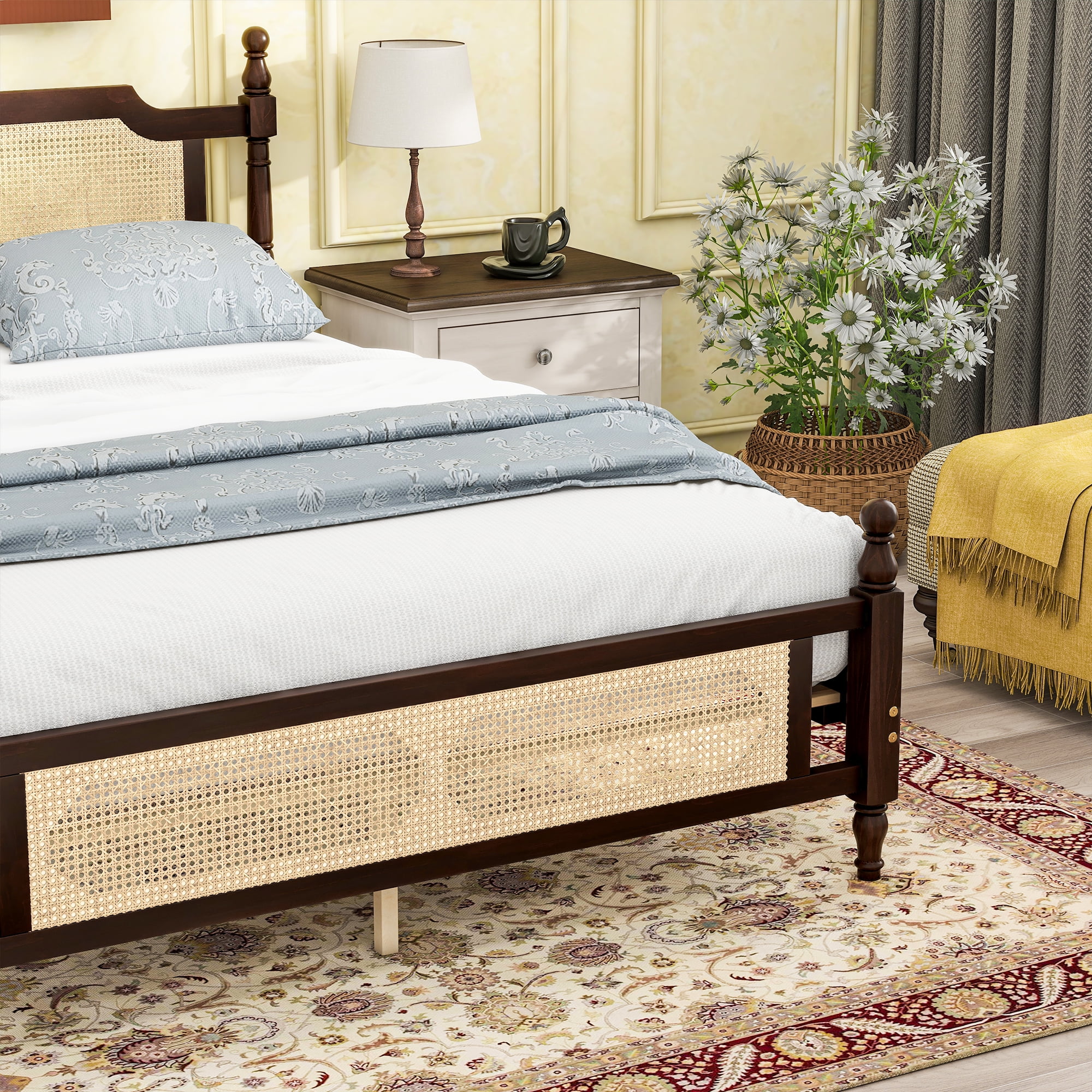Sailvan Queen Pine wooden Bed with Rattan Headboard and Footboard, Central Enhanced Bed Platform