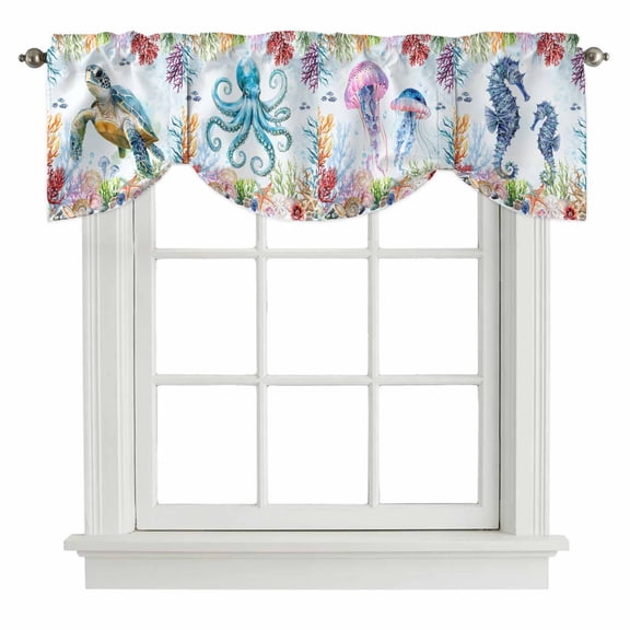 Blue Coastal Tie Up Valance Curtains for Windows, Kitchen Curtains Window Treatments, Summer Beach Sea Turtle Octopus Jellyfish Seahorse Short Window Shades Valances for Bedroom Bathroom Cafe 54"x18"