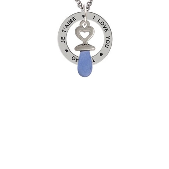 3-D Blue Baby Pacifier I Love You Je T'aime Te Amo Affirmation Ring Necklace