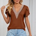thumbnail image 2 of tklpehg Summer Tops Short Sleeve Shirts for Women Solid Color Tops Graphic Tees Loose Fit V- Neck Crochet Lace Trim Leisure Comfy Lightweight Shirts Brown S, 2 of 8