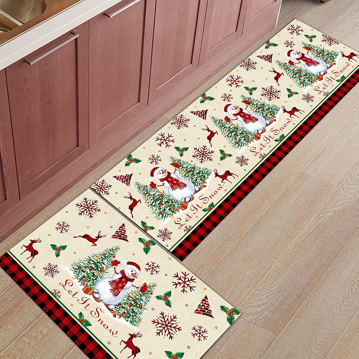 Merry Christmas Kitchen Rug Set 2 Piece, Non Slip Kitchen Rugs and Mats