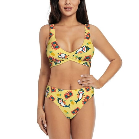 Zeuib Pineapples Sharks In Hawaiian High Waisted Tummy Control Bikini Set - Knot Front Push Up Top & Cheeky Thong Bottom  Two-Piece Swimsuit for Women-XX-Large