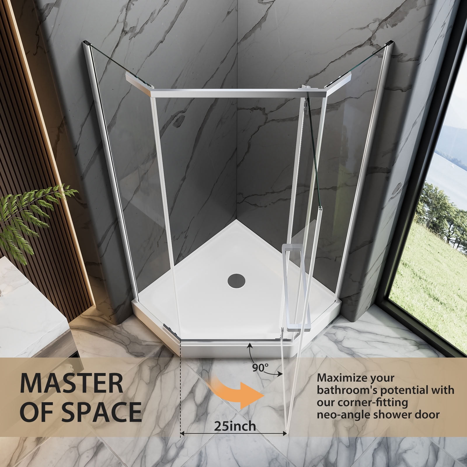MAYEERTY Neo-Angle Shower Door, Chrome Stainless Steel Frame, 1/4" Tempered Glass with Explosion-Proof Film, Waterproof & Easy Installation