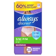 Always Discreet Adult Incontinence Underwear for Women and Postpartum Underwear, s/m, up to 100% Bladder Leak Protection, 28 Count