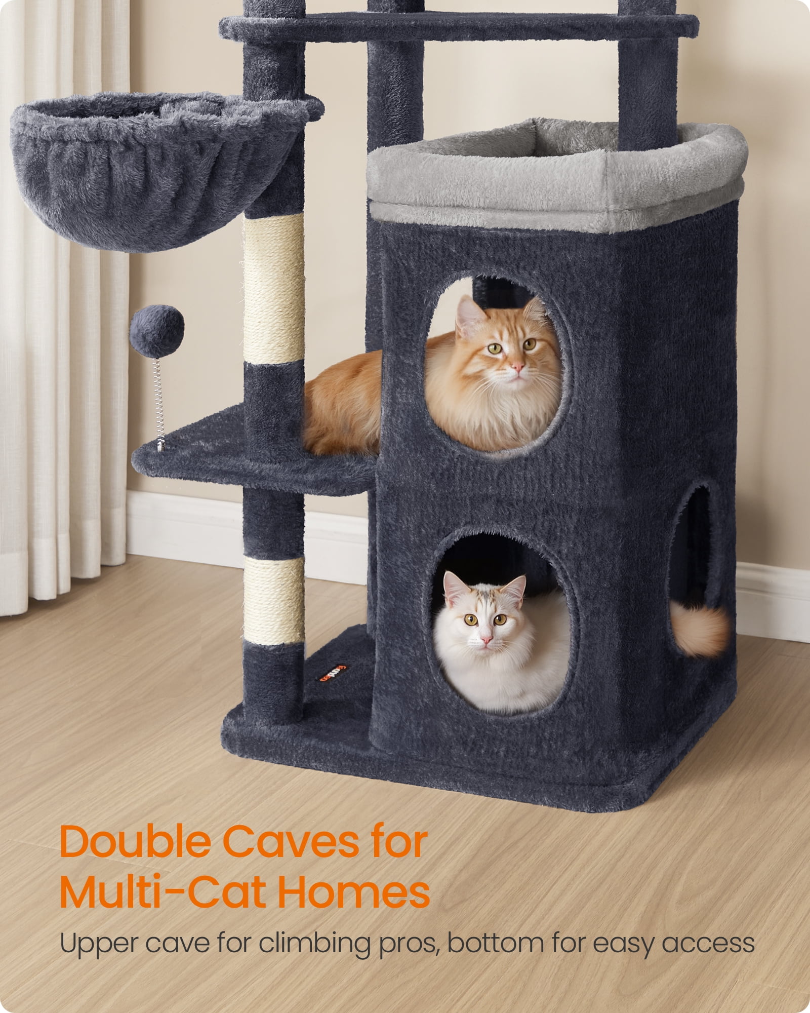 Tall Cat Tree, Multiple-Level Cat Tower with 2 Caves, 3 Scratching Posts, Dark Gray