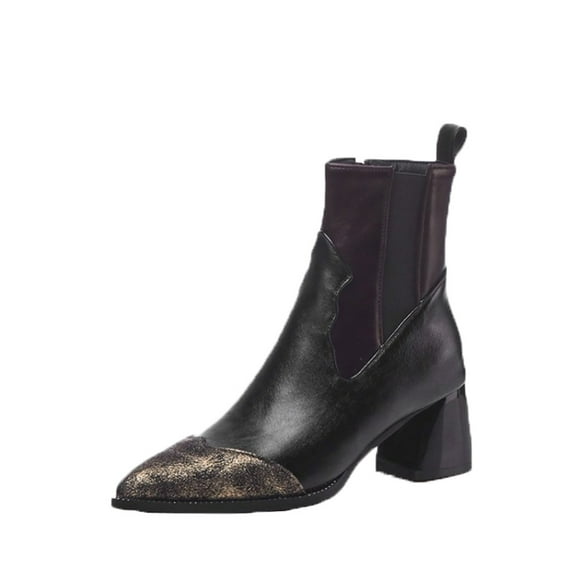 QTBIUQ Women's Winter Warm Leather Patchwork Vintage Thick Mid Heel Zipper Rider Ankle Boots