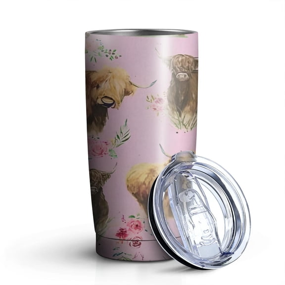 20oz Tumblers Pink Highland Cow Flower Pattern Stainless Steel Vacuum Insulated Double Wall Travel Tumbler Cups Mug with Lid and Straw,Cleaning Brush for Cold & Hot Drinks