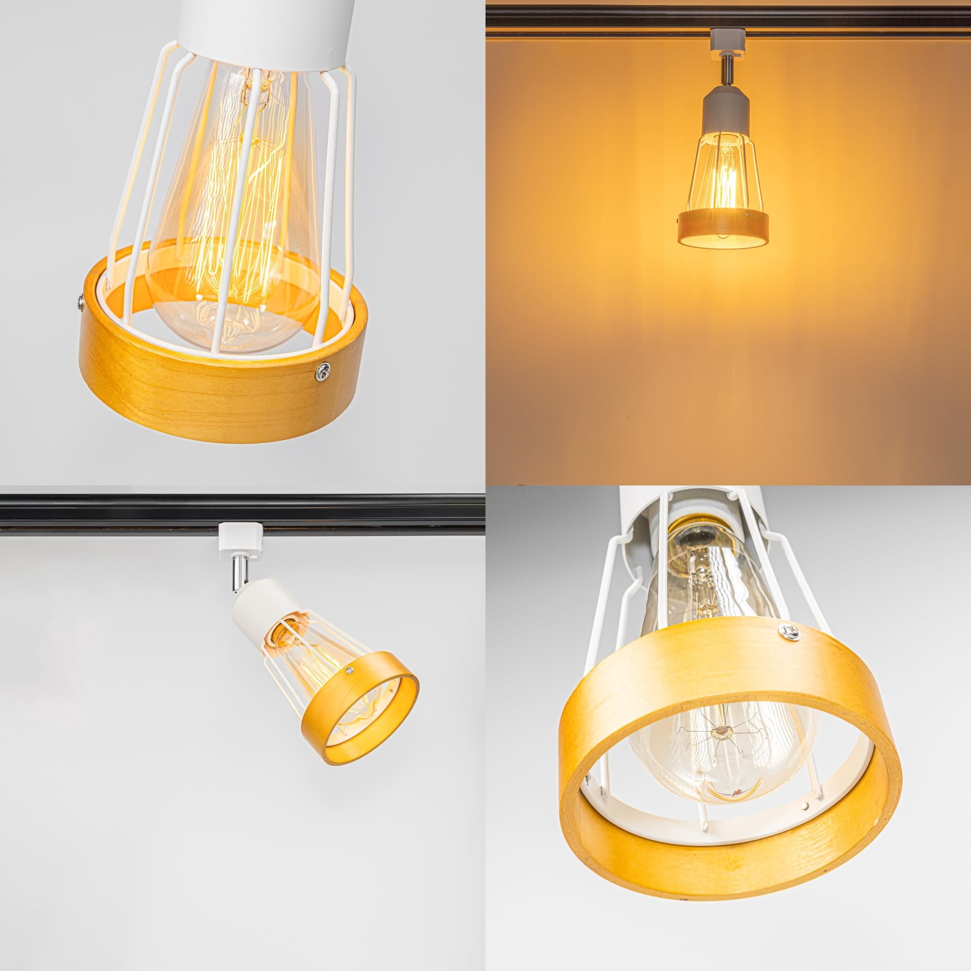 KAYYELAMP 3 Pcs Adjustable Angle J-Type Retro Style Track Head Lighting E26 Base Wood Metal White Track Ceiling Lamp Dimmable Fixture For Kitchen Aisle Home Office