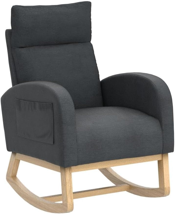 Nursery Rocking Glider Chair, Modern Fabric Tall Back Accent Rocker Chair Upholstered Arm Chair w/Side Pockets, Modern Leisure Single Sofa for Living Room, Hotel, Bedroom, Office, Grey