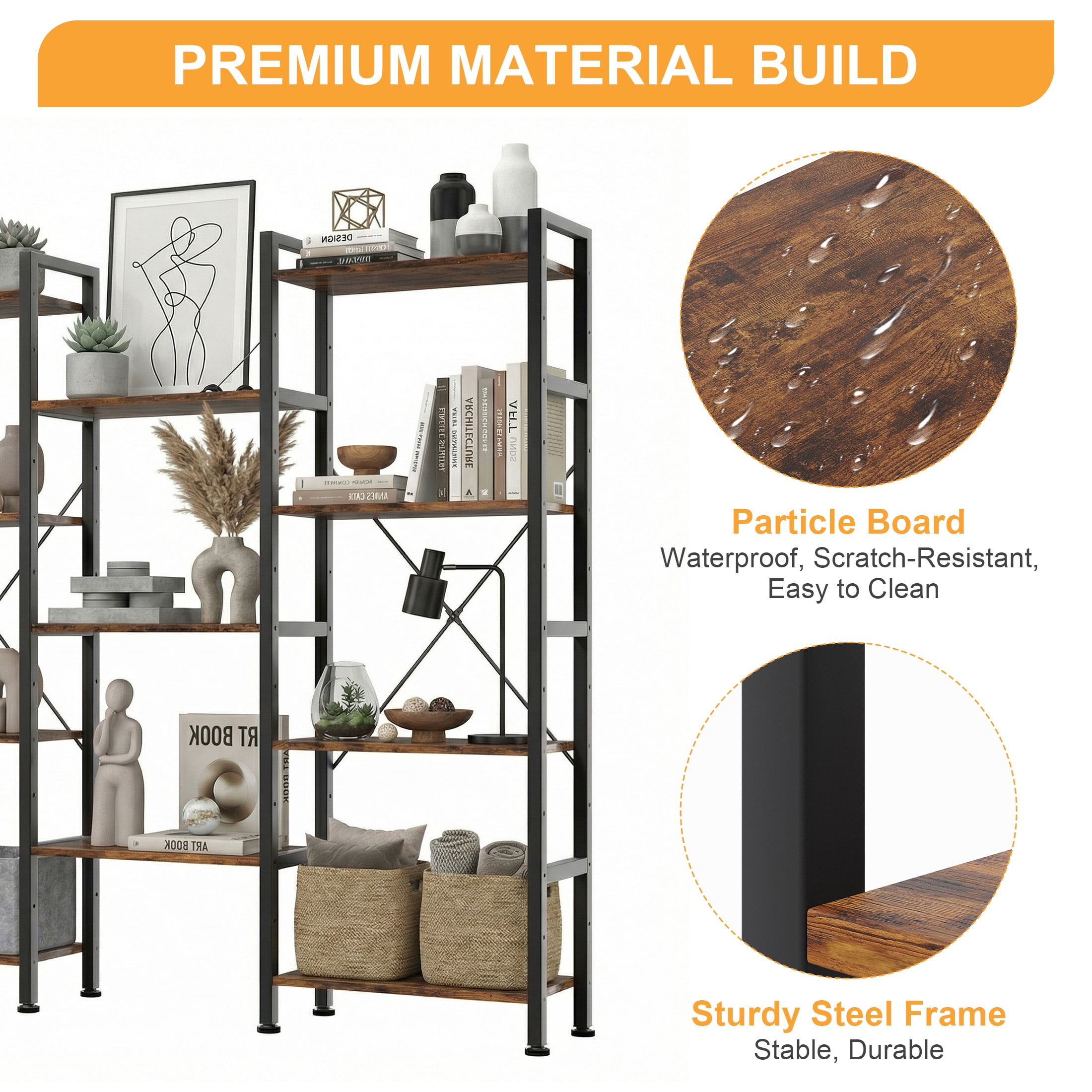 EDX Triple 4 Tier Bookshelf Storage Shelf, Modern Freestanding Bookcase with Metal Frame, Open Display Shelves, Space Saving Storage Organizer, Rustic Brown