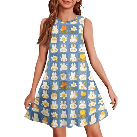 yuCgh Girls Sleeveless Easter Print Dress Summer Casual Tank Dress Lightweight & Comfortable Easter Dress for Play & Party Blue 160