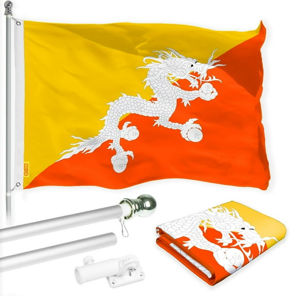G128 Combo Pack: 6 Ft Tangle Free Spinning Flagpole (Silver) & Bhutan Flag 3x5 Ft Printed 150D Polyester, Brass Grommets (Flag Included) Aluminum Flag Pole