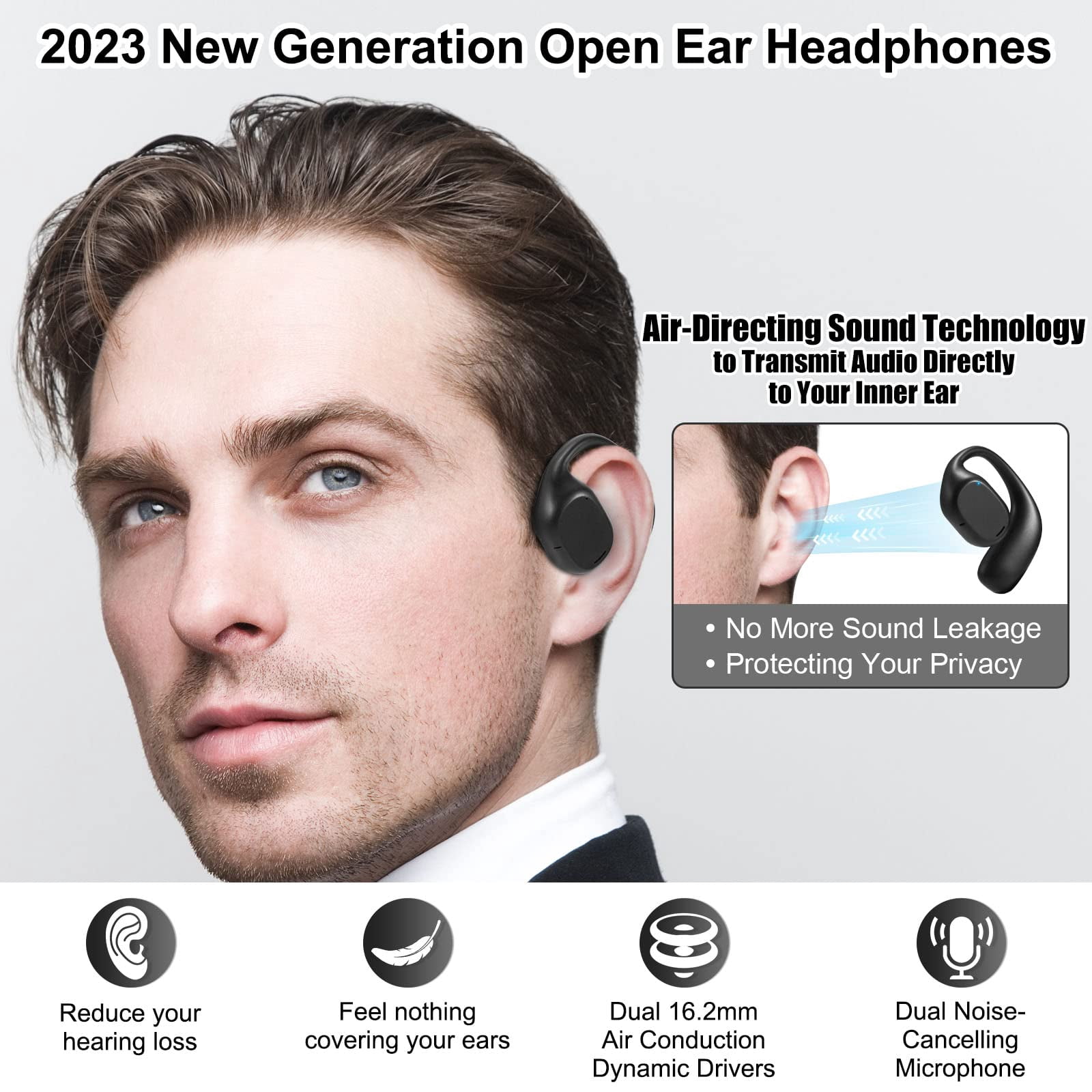 WUSI Open Ear Headphones , Air Conduction Headphones Bluetooth 5.3 Touch Control Wireless Earbuds, Up to 16 Hours Playtime Earphones with Dual 16.2mm Dynamic Drivers Deep Bass
