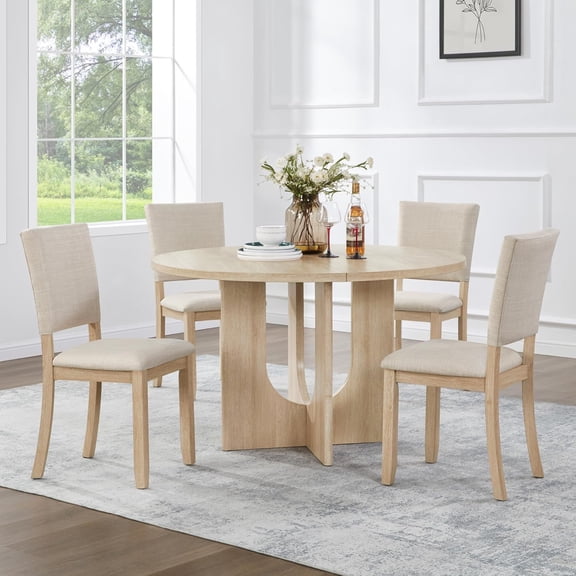 5-Piece Round Dining Table Set with 4 Upholstered Dining Chairs, 47.3" Modern Round Dining Table Set for 4 for Living Room Kitchen Light Oak & Beige