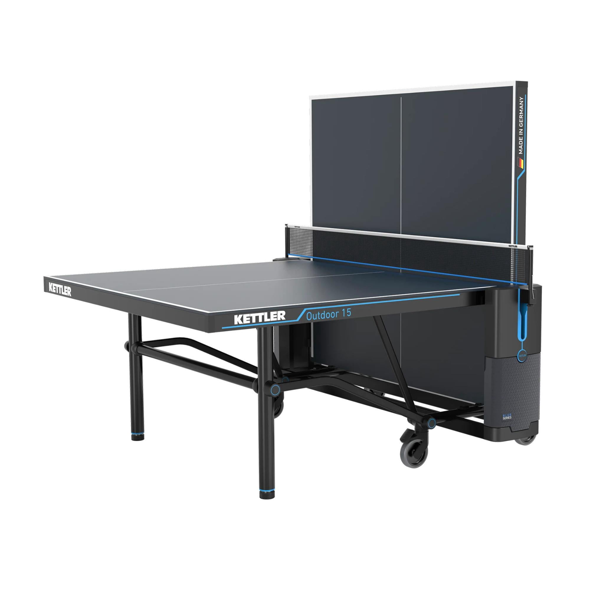 Kettler Outdoor 15 Table Tennis Table with One-Handed Folding Mechanism and Enclosed Racket Storage Compartment