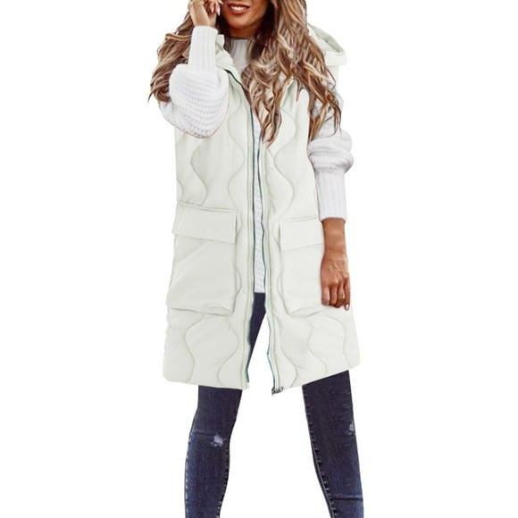 Bmisegm Women's Autumn and Winter Long Down Vest Vest Jacket Winter Coats for Women White L