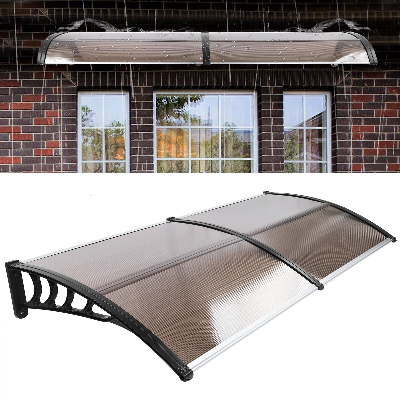 TOPINCN 1M1M Outdoor Window Door Awning Canopy Patio UV Rain Snow Sun Shield Cover Transparent Board Grey Support