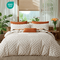 JOLUSERE Jacquard Geometric Pattern Tufted Duvet Cover King Set, 3 Pieces Boho Ultra Soft Embroidery Bedding Set, Beige