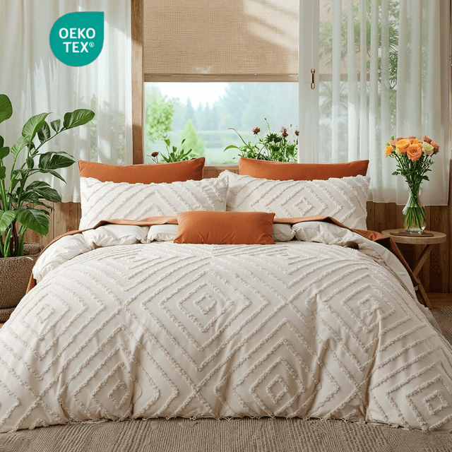 JOLUSERE Jacquard Geometric Pattern Tufted Duvet Cover King Set, 3 Pieces Boho Ultra Soft Embroidery Bedding Set, Beige