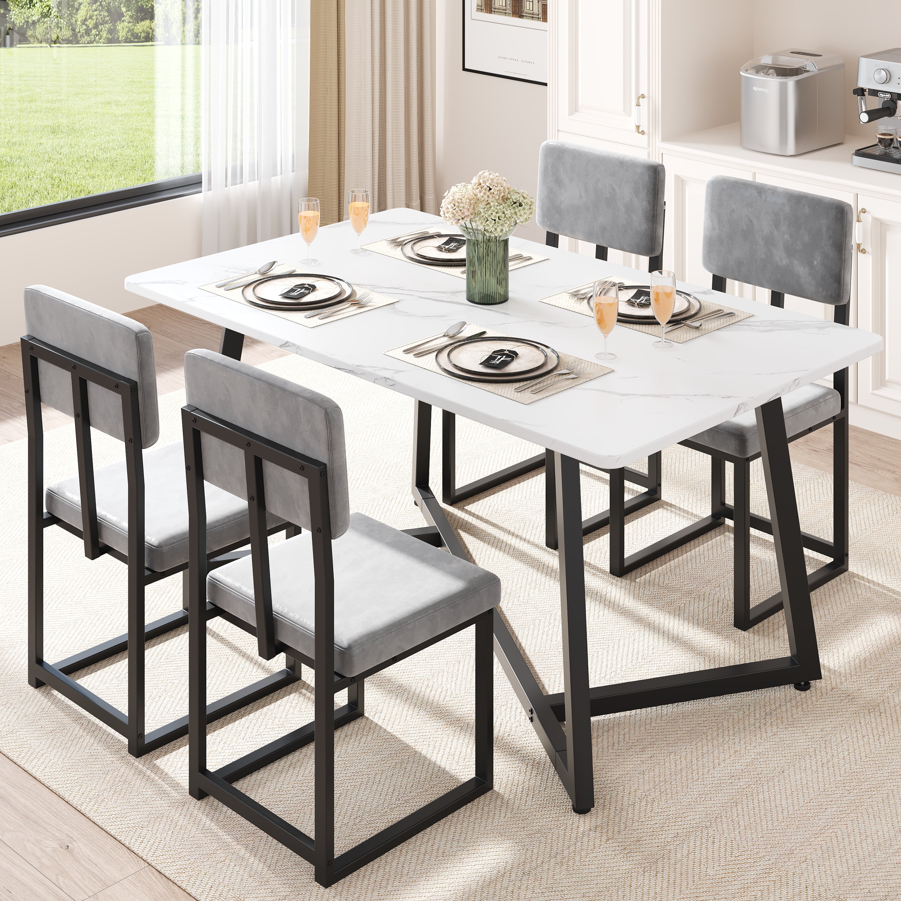 PAPROOS Dining Table Set for 4, 5 Piece Dining Room Table Set with Faux Marble Top and Fabric Upholstery Chairs, Modern Dinette Sets for Breakfast Nook, Kitchen Table and Chairs Set, White&Gray