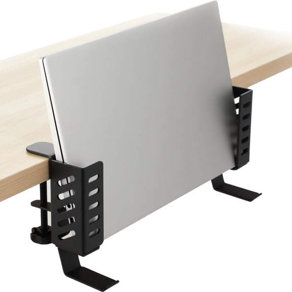 Side Desk Laptop Holder, Clamp-On Desk Side Storage with Headphone Hook, Adjustable Metal Organizer, No Drill Vertical Stand for Notebook, Tablet, Magazines