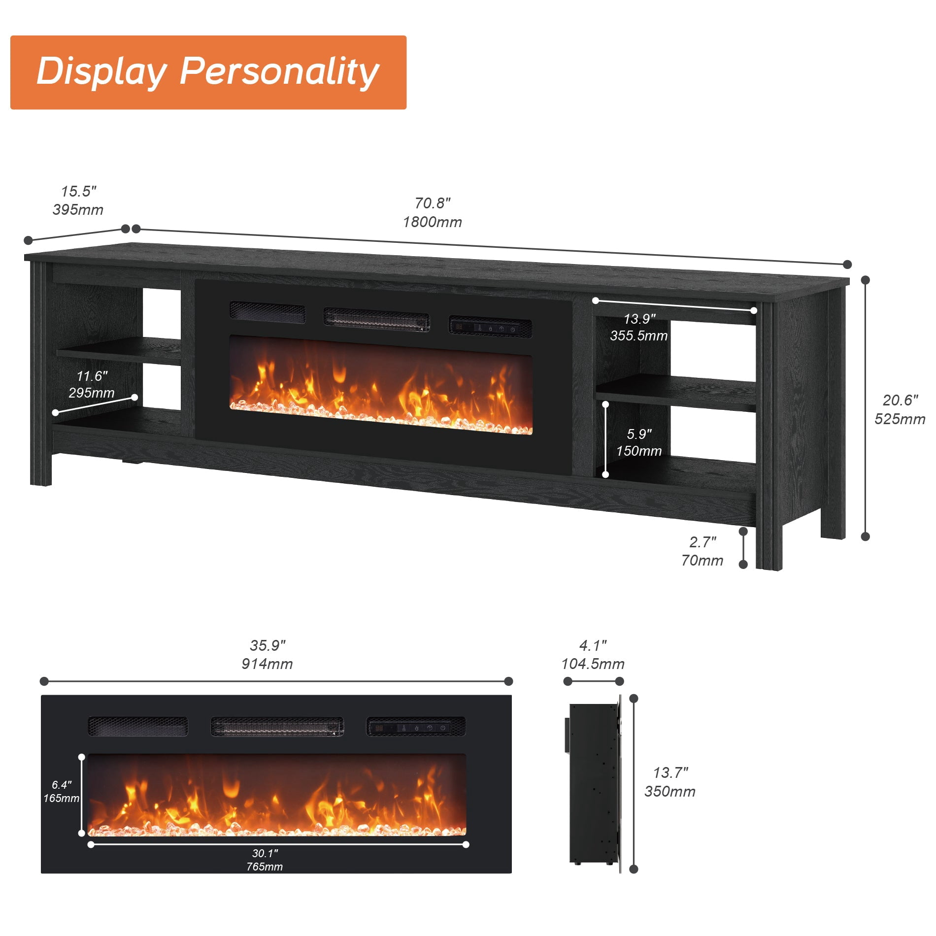 FITUEYES Farmhouse Fireplace TV Stand for 70 75 inch TV with 4 Storages, Wooden Entertainment Center with Electric Fireplace & 16 Colors LED Light, 70 Inch, Black