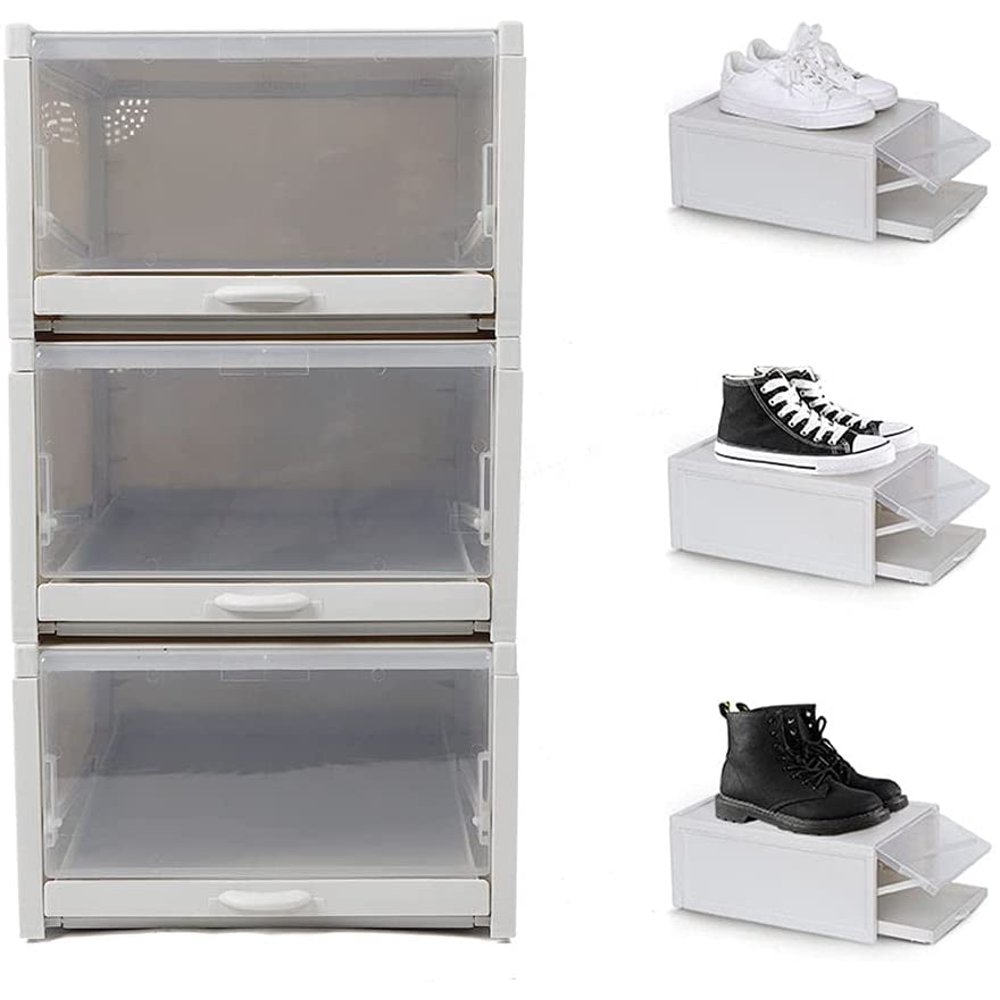 ANQIDI 3Pcs Shoes Box Pull Out Drawer Type Plastic Shoe Storage