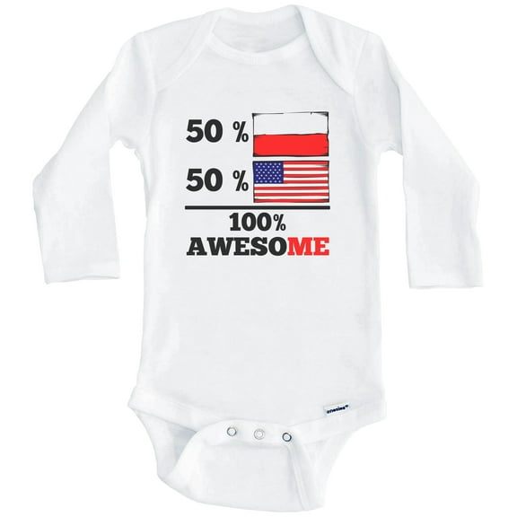 50% Polish 50% American 100% Awesome Funny Poland Flag One Piece Baby Bodysuit (Long Sleeve), 0-3 Months White