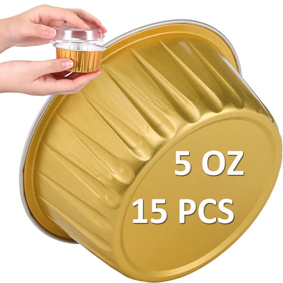 Disposable Ramekins with Lids, 15 Pack/ 5 oz Gold Aluminum Foil Dessert Baking Cups, Reusable Cupcake Liners Pudding Cups for Wedding, Christmas, Kitchen, Party, Various Holiday Parties