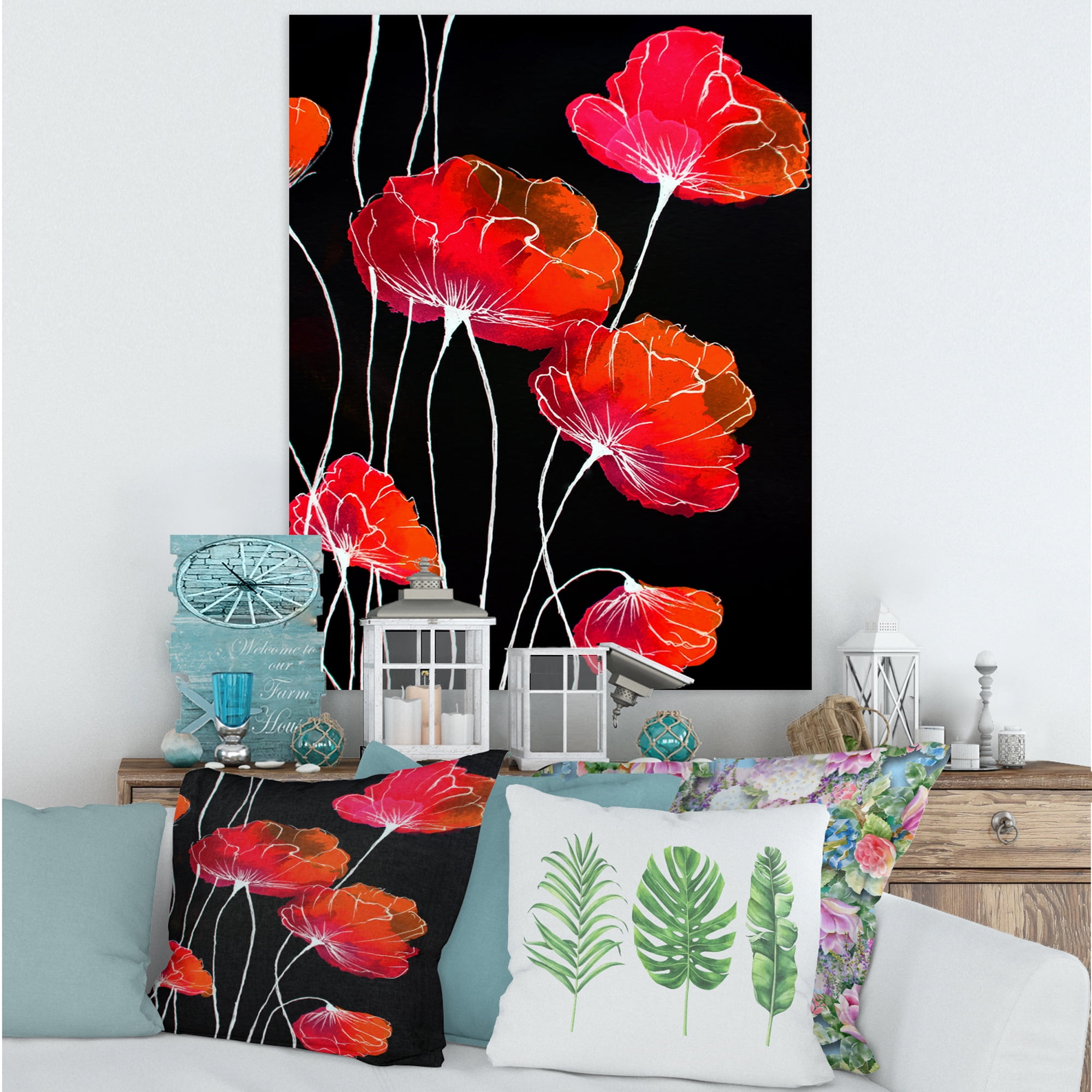 Designart ' Abstract Red Flower Detail On Black Background II ' Traditional Canvas Wall Art Print