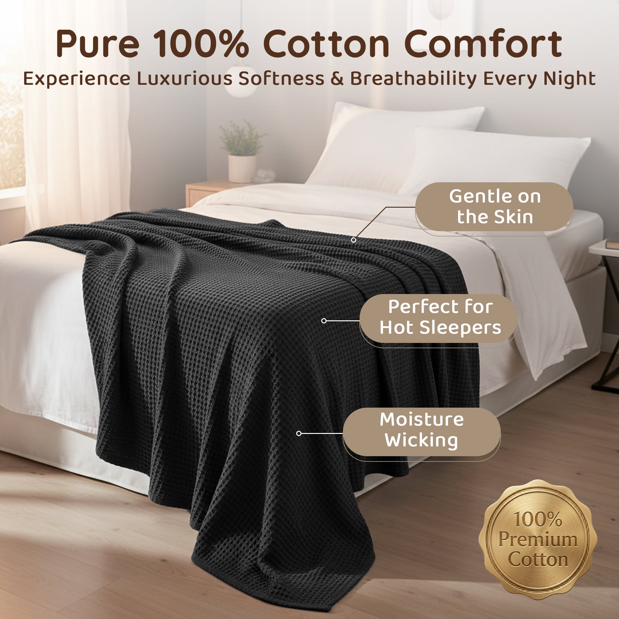 Loomsnest Ultra Soft Black Twin Waffle Blanket, 100% Cotton Blanket for Bed, Sofa & Couch, Waffle Weave All Season Throw for Hot Sleeper, Lightweight & Breathable, 60" x 90"
