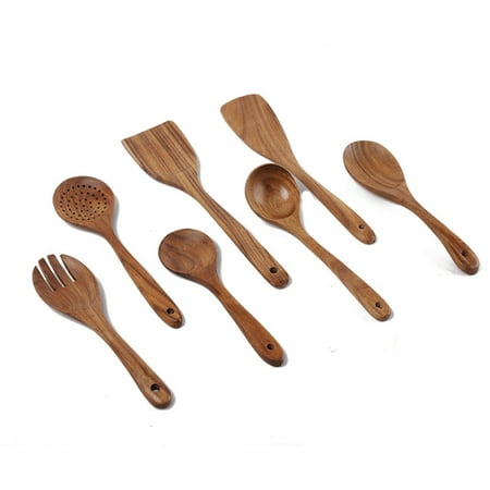 

Viugreum Wooden Kitchen Cooking Utensils 7 PCS Wooden Spoons and Spatula for Cooking with Hang Hole Mix Kitchen Gadgets Tools Smooth Non-stick Cookware for Home Use and Kitchen Decor