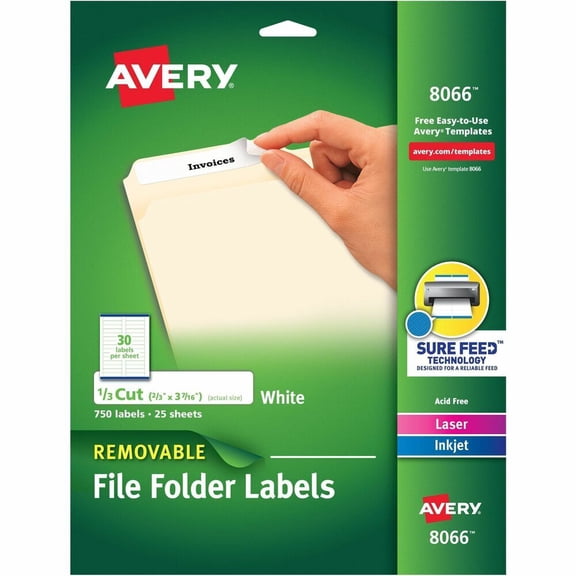 Avery Removable File Folder Labels, Sure Feed Technology, Removable Adhesive, White, 2/3" x 3-7/16", 750 Labels (8066)