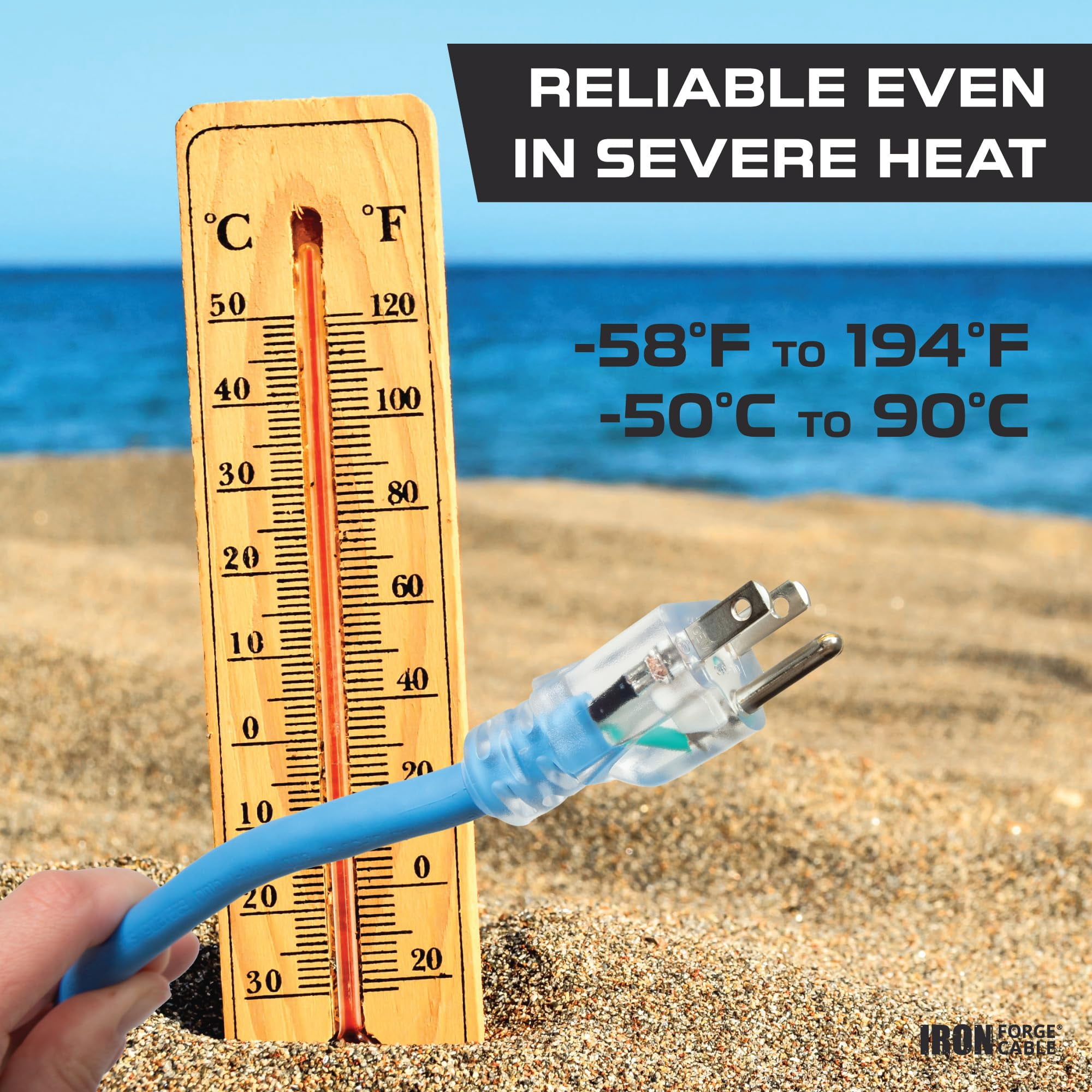 Iron Forge Cable 10 Ft 3 Outlet All-Weather Extension Cord for Outdoor & Indoor Use - 12/3 SJEOW Lighted 3 Prong Cord - for Extreme Temperatures