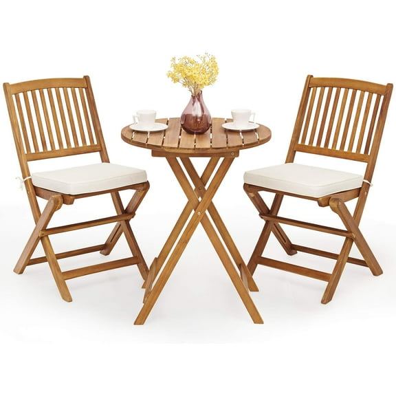 AEGFKD 3Pcs Patio Bistro Set, Wood Folding Table Set, 2 Cushioned Chairs for Garden Yard, Outdoor Furniture Round Table (Natural & Beige)