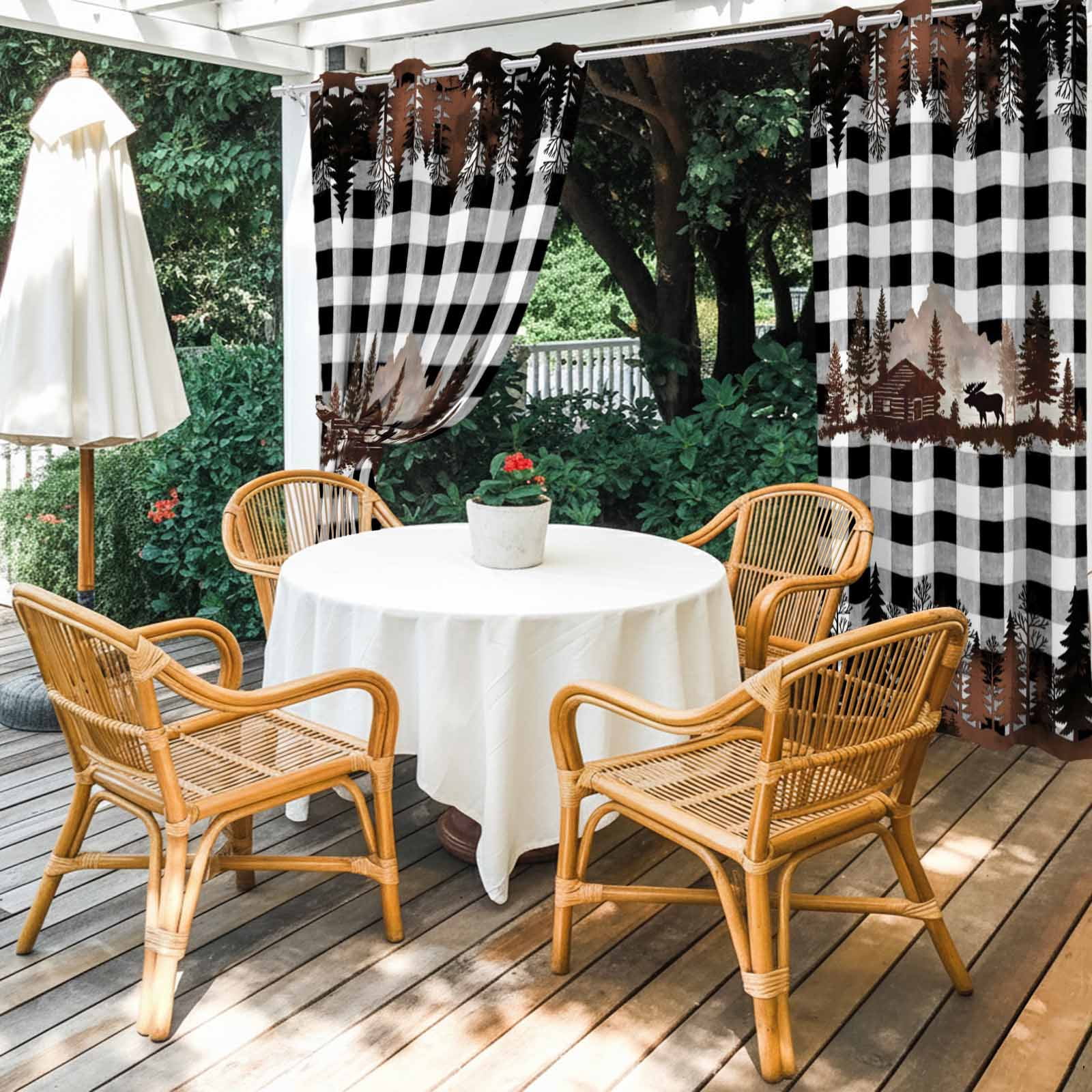 Forest Farmhouse Outdoor Curtains for Patio, Country Mountain Moose Silhouette Pine Tree Black White Plaid Sunshade Privacy Drapes Grommet Waterproof Outside Curtains for Porch 54"x108", 1 Panel