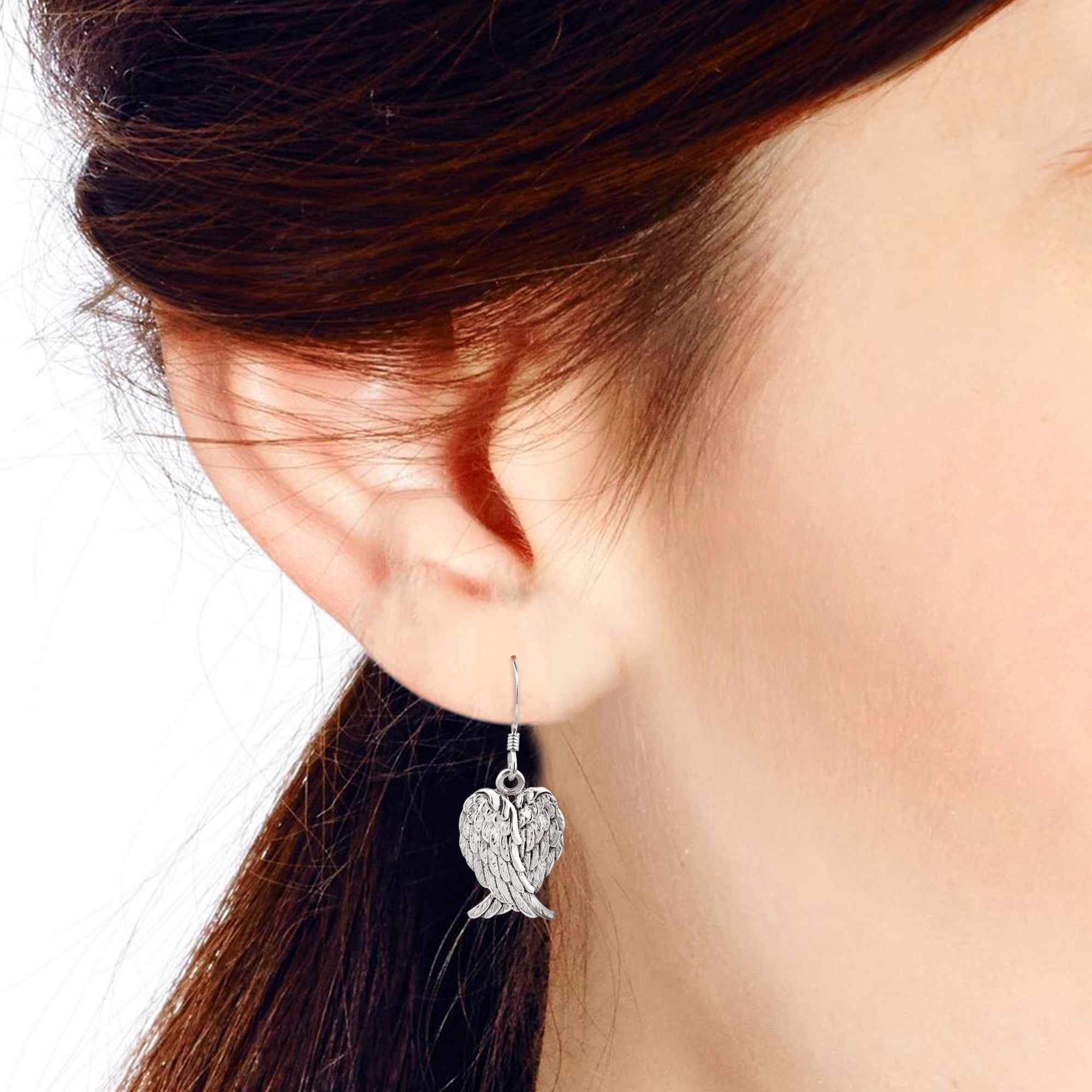 Heavenly Love Heart Shaped Angel Wings .925 Sterling Silver Dangle Earrings